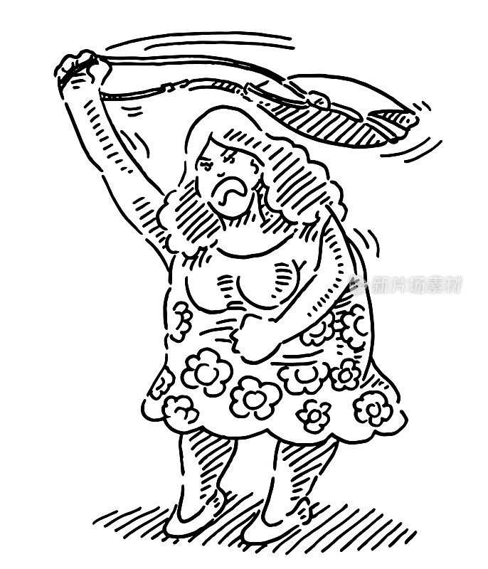 Angry Woman Swinging Her Handbag Drawing